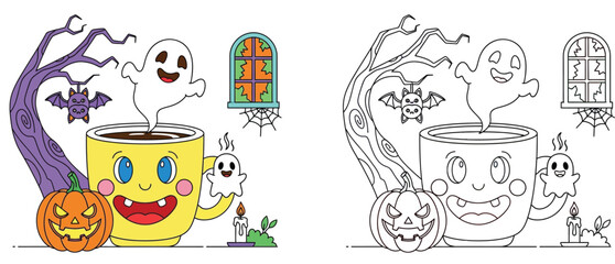 Naklejka premium Cute Halloween Mug Character with Ghost and Pumpkin Coloring Page and Colored Vector Illustration