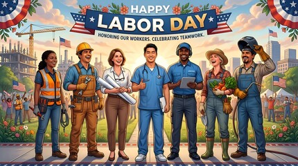 Obraz premium Happy Labor Day Diverse Workers Celebrating American Teamwork
