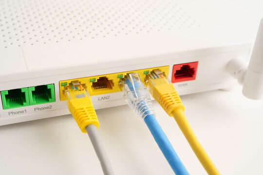 Ethernet cable with wireless router connect to internet service provider network.