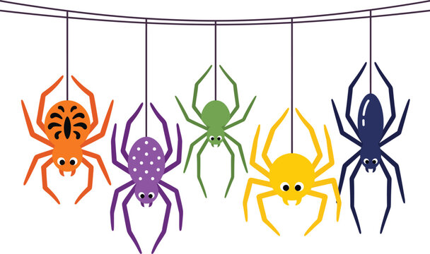 Cute colorful hanging spiders illustration for halloween decoration with halloween