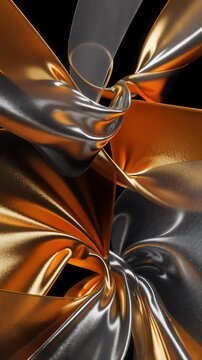 Liquid metallic gold and silver ribbon, glossy chromium fabric twisting in dark background, luxury abstract flowing element, shiny reflective bronze foil, elegant futuristic design decoration.