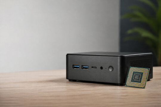 Mini PC with computer chip on desk, technology and compact computing concept