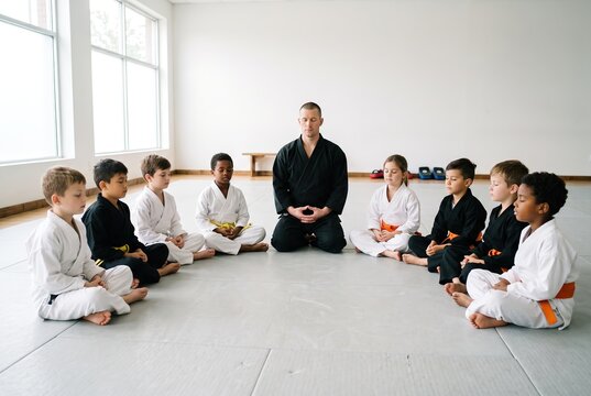 A group of children sits in a circle on the floor of a dojo. They practice meditation while an instructor leads them. The session focuses on relaxation and mindfulness