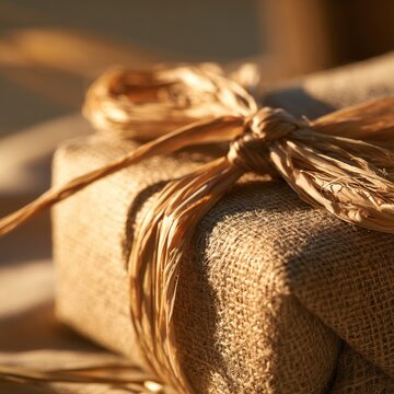 Natural raffia bow on rustic eco gift wrapping