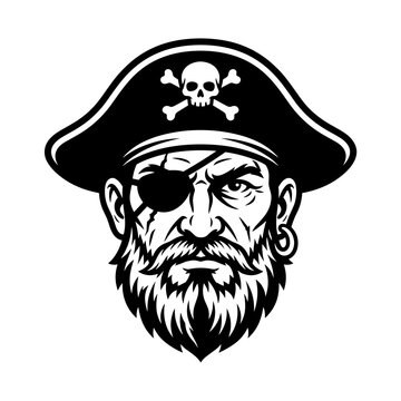 Fierce pirate captain with eye patch and skull emblem.