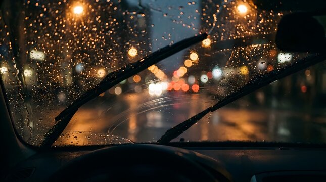 Windshield wipers clearing rain from car glass at night with blurred city traffic lights bokeh in the background.