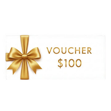 A gift voucher with a gold bow and a value of $100 isolated on transparent background