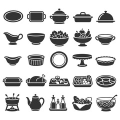 Obraz premium Silhouette icons of diverse kitchen and serving dishes, bakeware, bowls, and utensils.