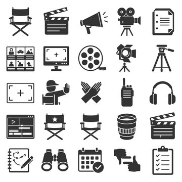 Film production icons collection featuring director chair, clapperboard, camera, megaphone.