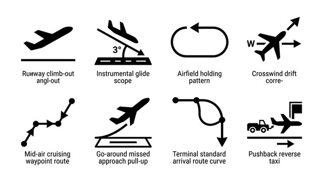 Aviation Icons: A collection of minimalist vector icons depicting crucial flight procedures and symbols for aviation.