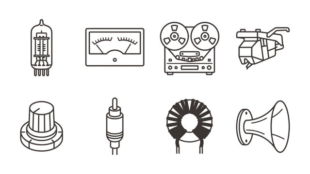 Audio Components Icon Set: A collection of vintage audio equipment icons, including vacuum tubes, VU meter, reel-to-reel player, turntable cartridge, knob, connector, toroid inductor.