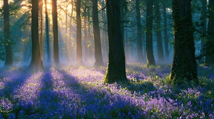 Obraz premium Deep emerald forest edge meets field of glowing bluebells, long golden shadows from setting sun, ethereal mist clinging low
