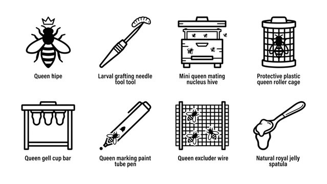 Apiculture Tools and Equipment: A collection of illustrated tools and equipment essential for beekeeping and queen bee management, showcasing specialized instruments for honeybee care.