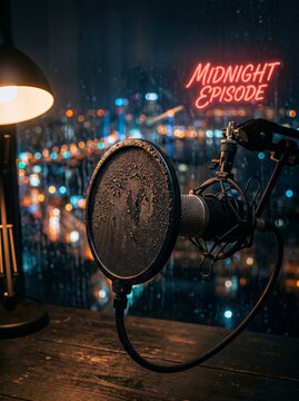 Studio Condenser Microphone with Pop Filter in Dark Atmospheric Room