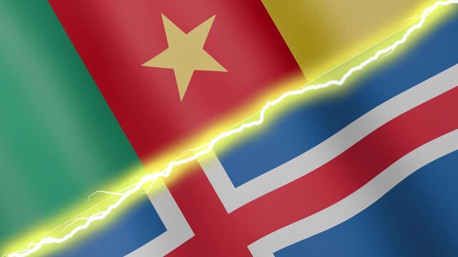 Two waving flags Cameroon and Iceland with diagonal lightning seamless, 4k loop