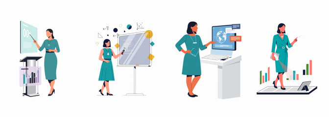 Fototapeta premium Set of professional woman illustrations presenting data, analyzing charts, and using technology for business insights and global communication.