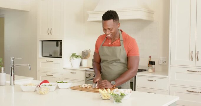 Lifestyle videos indoor of people doing activities at home, preparing meal, man chopping vegetables