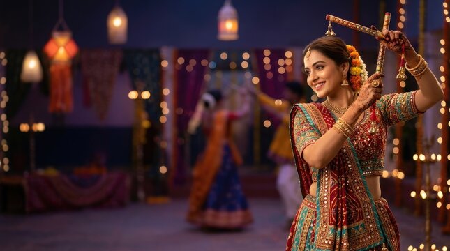 Indian woman dancing garba during navaratri celebration, performing traditional dandiya raas dance holding decorated wooden stick, wearing festive ethnic lehenga choli, glowing night background.