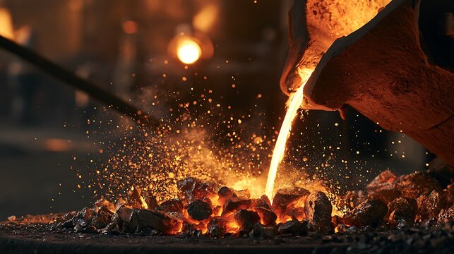 Molten metal being poured into a foundry furnace.