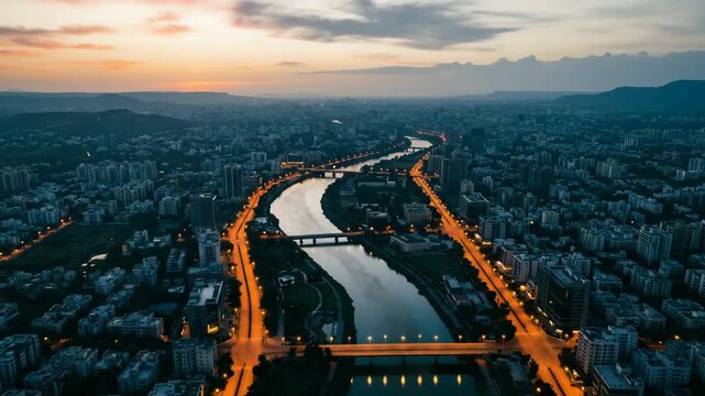 pune metropolitan city and river landscape at golden sunset timelapse india video