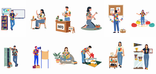Fototapeta premium Flat vector illustrations of various school and classroom activities featuring students and teachers in diverse educational scenarios and settings.