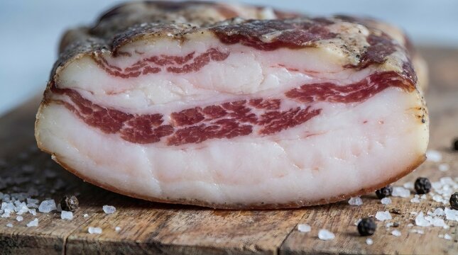 Guanciale Cured Pork Cheek Fat and Lean Stripe Macro.
