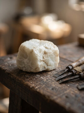 White raw jade rock beside carving tools workshop