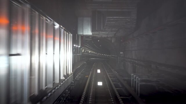 View of the modern metro tunnel tracks with metallic wall panels and illuminated rails in Doha, Doha, Qatar.