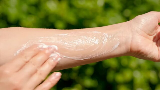 Woman applying white moisturizing lotion to her forearm skin outdoors in summer for skincare and beauty routine healthcare self care concept close up shot