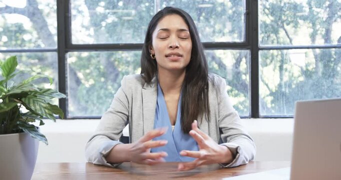 Close up of people talking to the camera, smiling woman sitting at desk with laptop in office