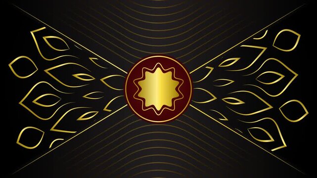 Luxury dark animation background with golden mandala pattern, central star emblem, wavy lines, copy space for motion graphic invitation event