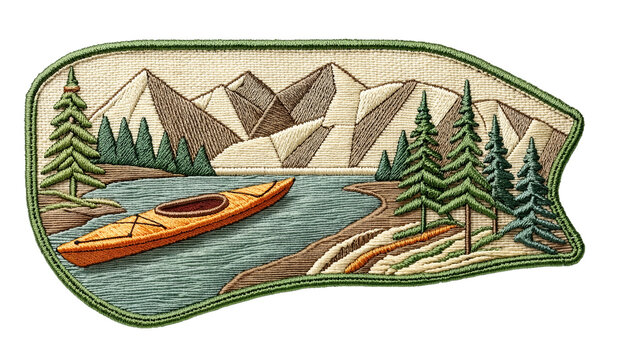 Vintage embroidered kayaking patch, colorful kayak gliding across a winding mountain river surrounded by pine forest and rocky peaks, detailed layered thread embroidery, textured woven fabric, raised 