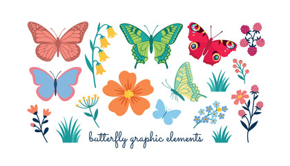 Fototapeta premium Beautiful butterfly vector graphic elements set featuring colorful insects, blooming field flowers, wild berries, green grass tufts isolated on white background