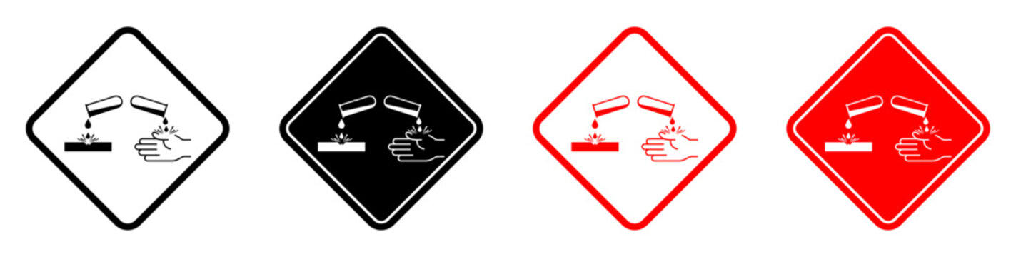 Corrosive hazard warning sign icons showing chemical substance damage to metal and skin for laboratory, industrial safety, chemical labeling and hazard signage.