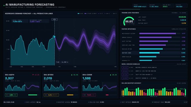 Ultra HD AI manufacturing demand and production forecasting dashboard with real-time predictive analytics and trend visualization. professional stock footage for technology, business, and editorial.