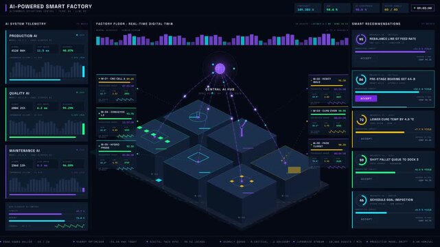 A 4K AI-powered smart factory dashboard with 3D isometric visualizations and real-time predictive maintenance analytics in deep blue and purple hues. professional stock footage for technology,.
