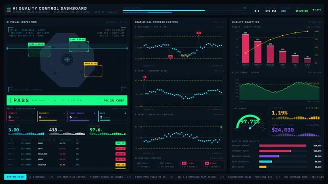 Ultra-HD AI quality control dashboard displaying real-time defect detection with animated annotations and statistical process control charts. professional stock footage for technology, business, and.