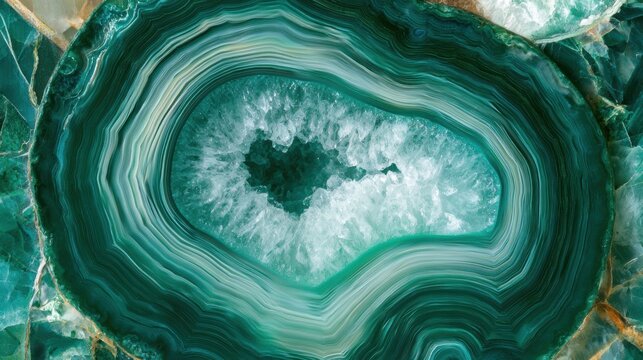 A green geode cross-section with a crystalline center and natural stone patterns suitable for backgrounds and designs.