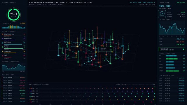 Cinematic IIoT sensor network dashboard with glowing 3D factory floor visualization and real-time data analytics in ultra HD. professional stock footage for technology, business, and editorial use.
