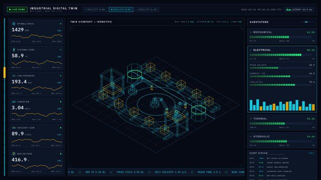 Dark-mode industrial digital twin dashboard with 3D wireframe manufacturing floor and live sensor data in electric cyan and amber. professional stock footage for technology, business, and editorial.