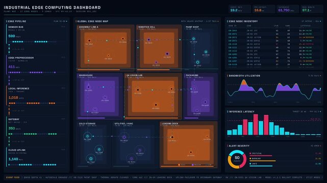 A futuristic industrial edge computing dashboard displays real-time global node monitoring with animated data visualizations and glowing heatmaps in deep blues and vibrant orange.