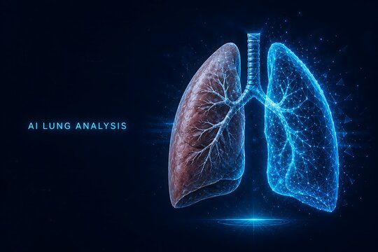 Digital analysis of human lungs comparing biological tissue with a glowing holographic scan. AI healthcare analysis respiratory healthcare pulmonary technology hologram. AI healthcare