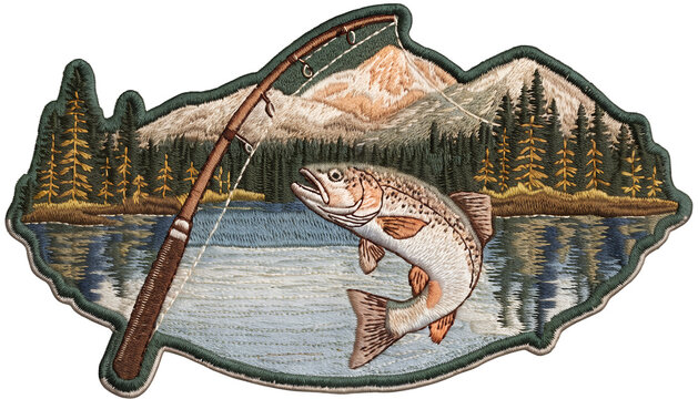 Vintage embroidered fishing patch, classic fishing rod casting toward a calm mountain lake with a leaping trout, pine forest and distant mountains behind the water, detailed colorful thread embroidery