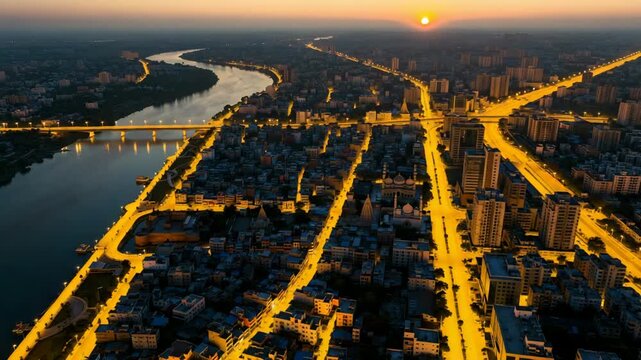 aerial surat indian city golden light sunset to night timelapse video