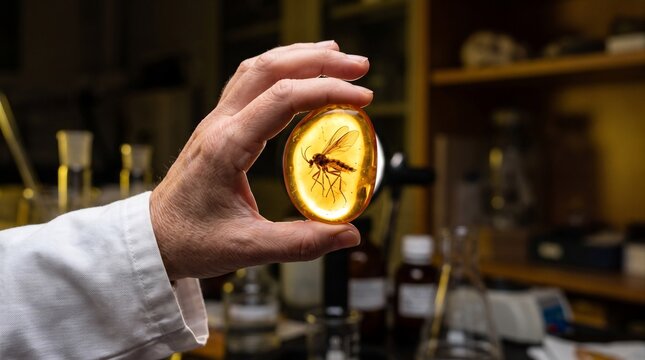 Scientist hand holding translucent amber crystal with preserved insect in laboratory illustrating paleobotanical research DNA extraction and paleontology science