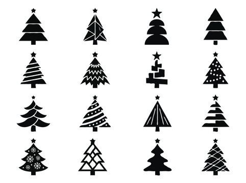 Minimalist Black Christmas Tree Icons Set Isolated on White