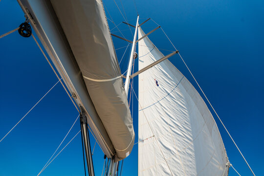 Close up view of the mainsail on a sailing yacht while cruising across the sea under a clear blue sky. Concept of wind power, sailing, navigation, freedom and life aboard.