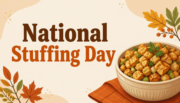 A festive National Stuffing Day graphic featuring a bowl of savory bread stuffing with autumn leaves.