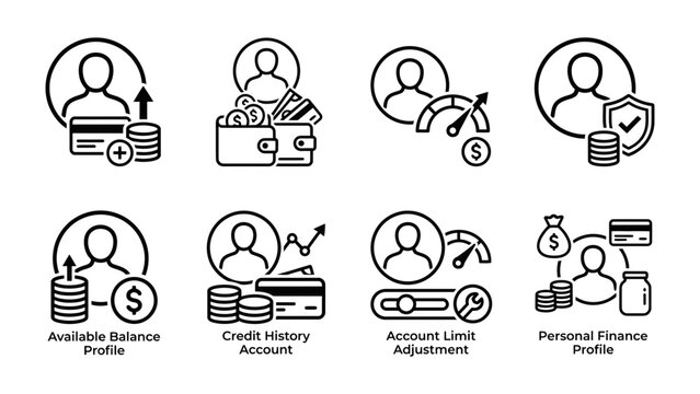 Financial Profile Icons: A set of clean, modern line icons representing various personal finance concepts such as credit history, account limit, and available balance.