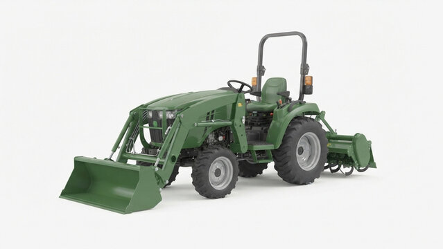 Compact utility tractor parked in a green fruit orchard farm ready for work